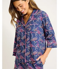 Tommy Bahama Flamingo Print 3/4 Sleeve Notch Collar Woven Cropped Pajama Set