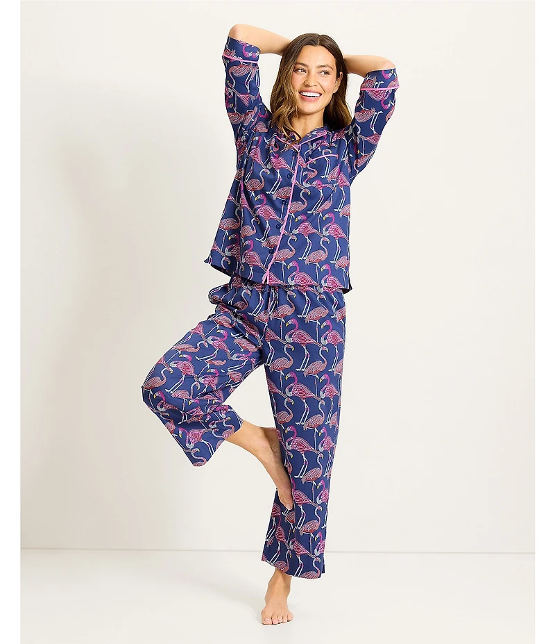 Tommy Bahama Flamingo Print 3/4 Sleeve Notch Collar Woven Cropped Pajama Set