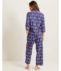 Tommy Bahama Flamingo Print 3/4 Sleeve Notch Collar Woven Cropped Pajama Set