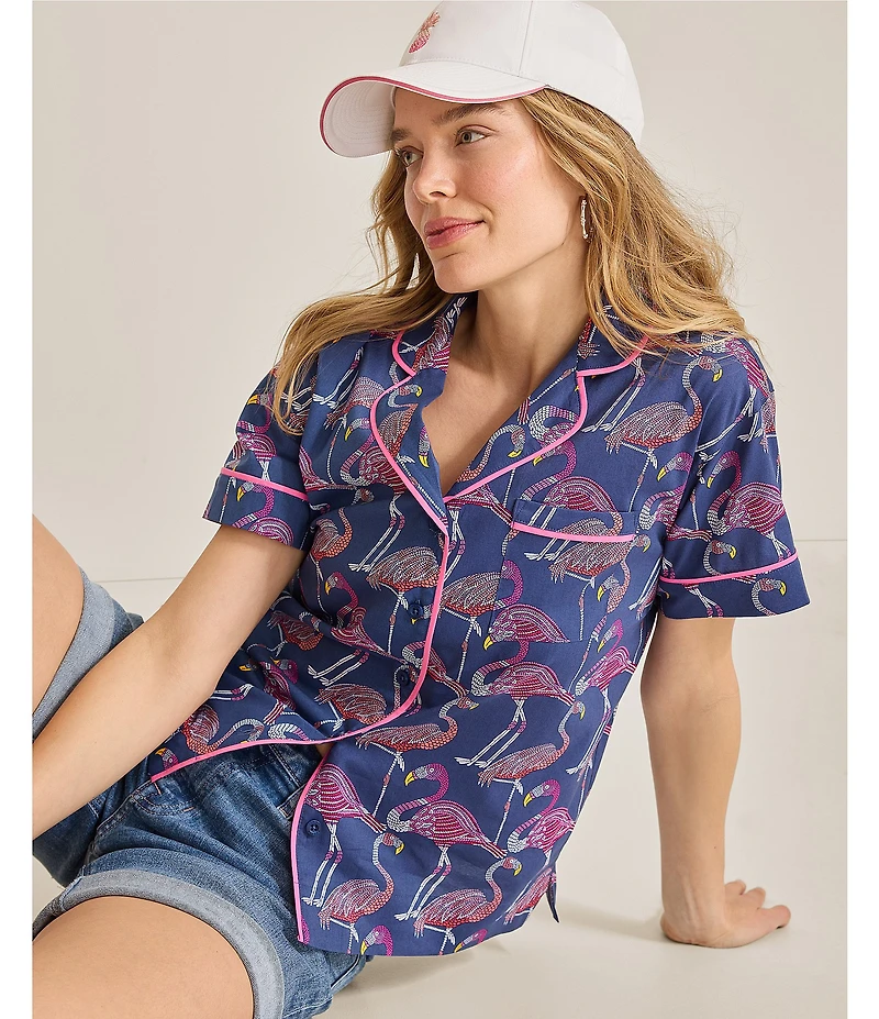 Tommy Bahama Flamingo Print Short Sleeve Notch Collar Woven Shorty Pajama Set