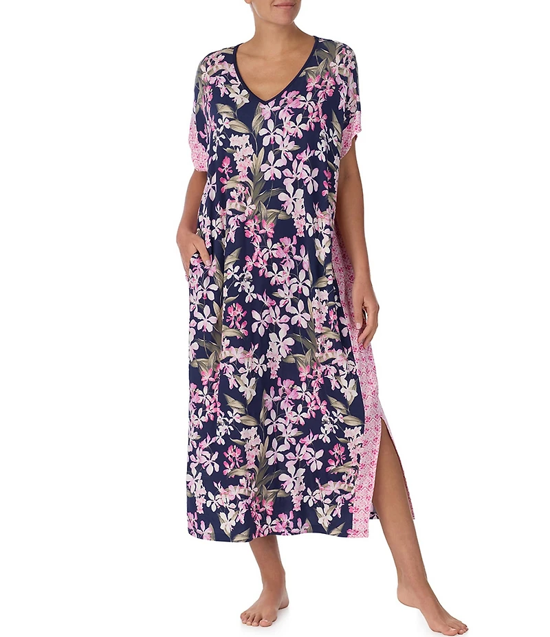 Tommy Bahama Floral and Tile Geo Twin Print Short Sleeveless V-Neck Jersey Knit Caftan
