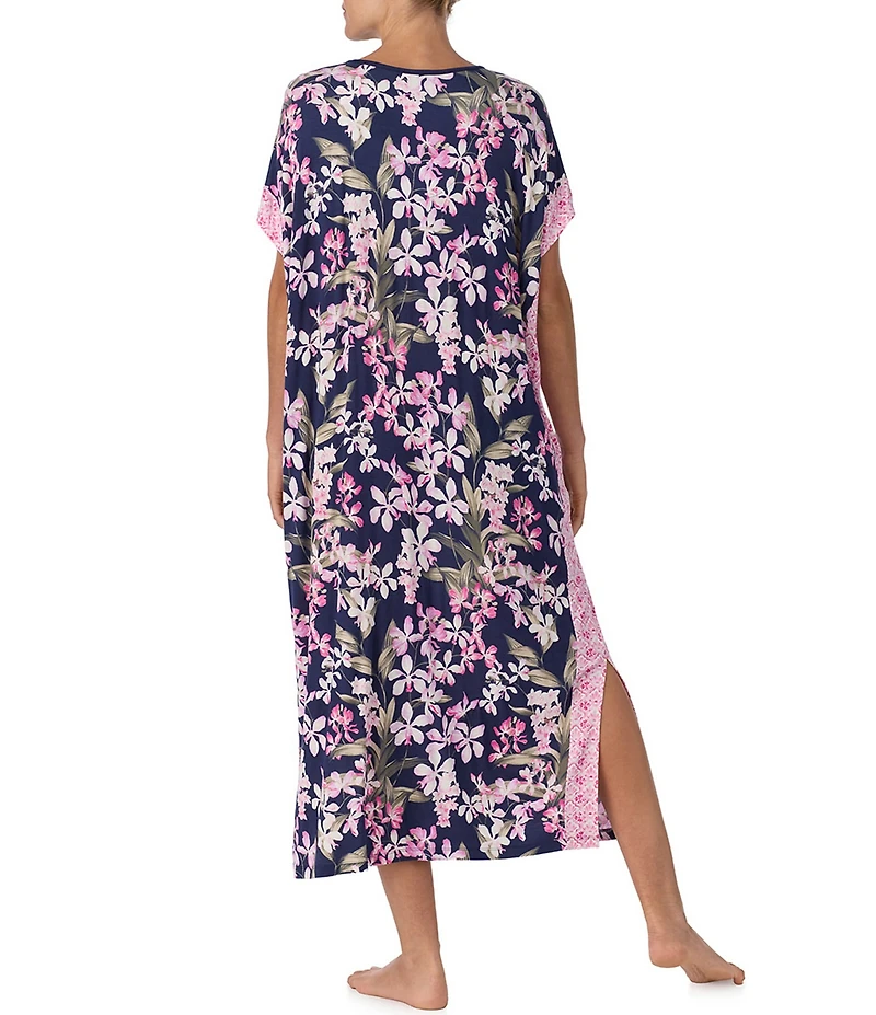 Tommy Bahama Floral and Tile Geo Twin Print Short Sleeveless V-Neck Jersey Knit Caftan