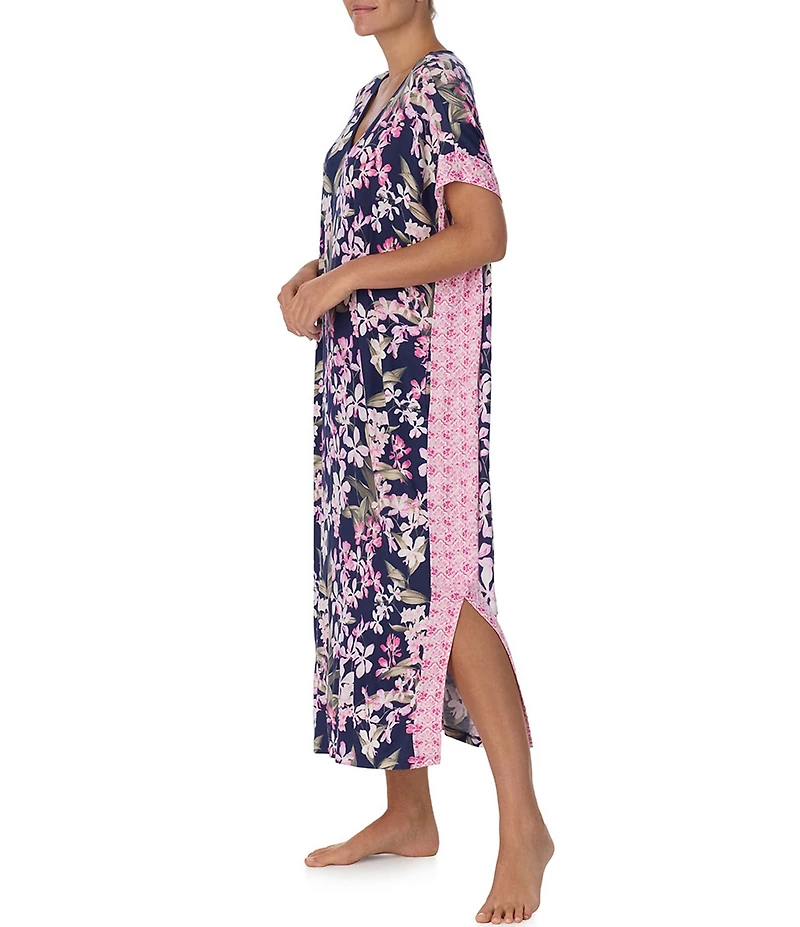 Tommy Bahama Floral and Tile Geo Twin Print Short Sleeveless V-Neck Jersey Knit Caftan