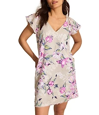 Tommy Bahama Floral Gardens Linen V-Neck Flutter Cap Sleeve Raw Hem Shift Dress
