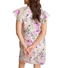 Tommy Bahama Floral Gardens Linen V-Neck Flutter Cap Sleeve Raw Hem Shift Dress