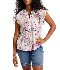 Tommy Bahama Floral Gardens Voile Voyage Cross Stitched Split V-Neck Drop Shoulder Button Front Shirt