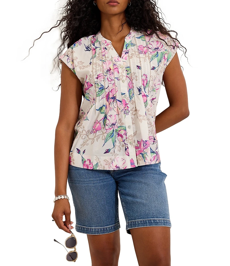 Tommy Bahama Floral Gardens Voile Voyage Cross Stitched Split V-Neck Drop Shoulder Button Front Shirt