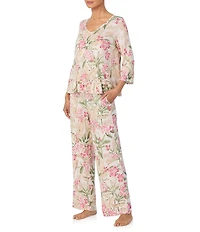 Tommy Bahama Floral Print 3/4 Sleeve V-Neck Knit Long Pajama Set