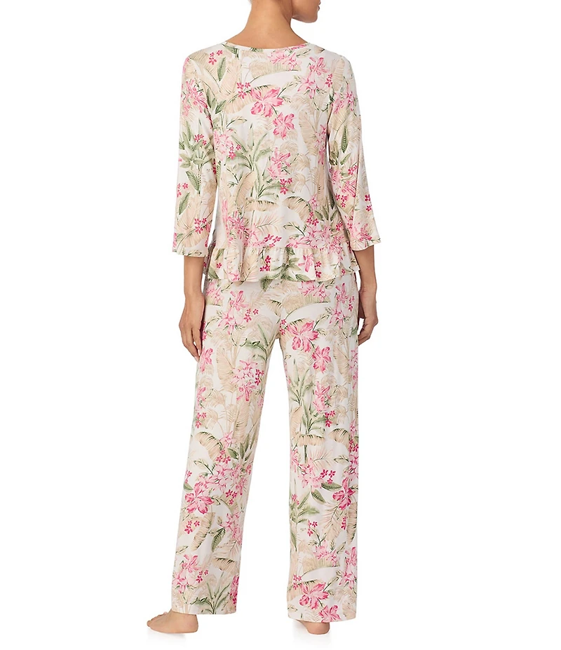 Tommy Bahama Floral Print 3/4 Sleeve V-Neck Knit Long Pajama Set