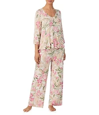 Tommy Bahama Floral Print 3/4 Sleeve V-Neck Knit Long Pajama Set