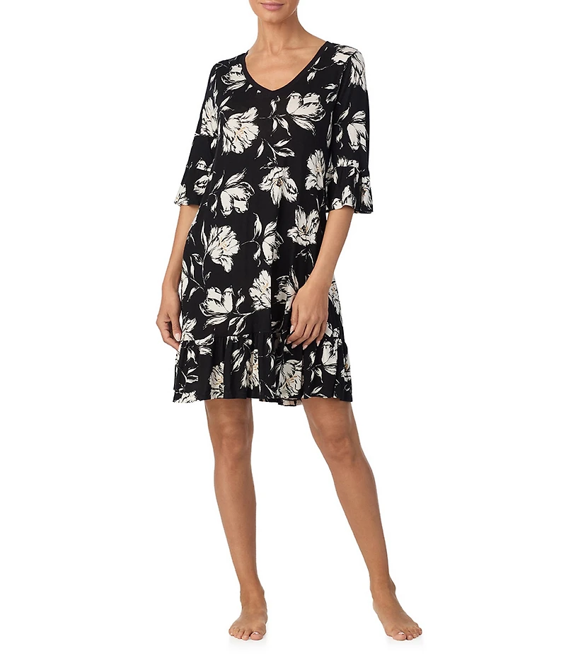 Tommy Bahama Floral Print 3/4 Sleeve V-Neck Knit Sleepshirt