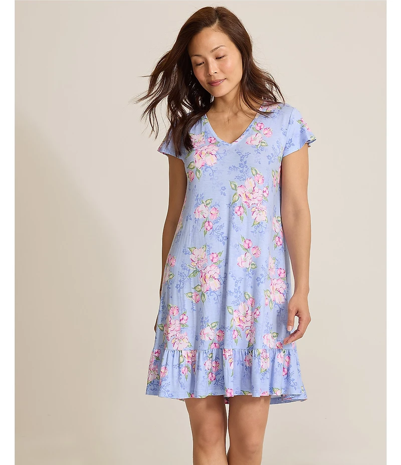Tommy Bahama Floral Print Cap Sleeve V-Neck Jersey Knit Chemise