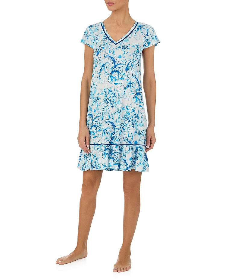 Tommy Bahama Floral Print Cap Sleeve V-Neck Jersey Knit Short Nightgown