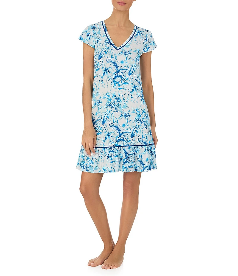 Tommy Bahama Floral Print Cap Sleeve V-Neck Jersey Knit Short Nightgown