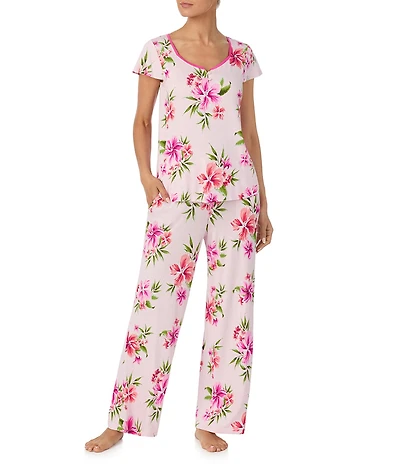 Tommy Bahama Floral Print Short Sleeve Jersey Knit Long Pajama Set