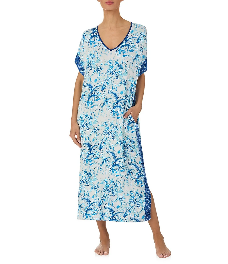 Tommy Bahama Floral Print Short Sleeve V-Neck Jersey Knit Caftan
