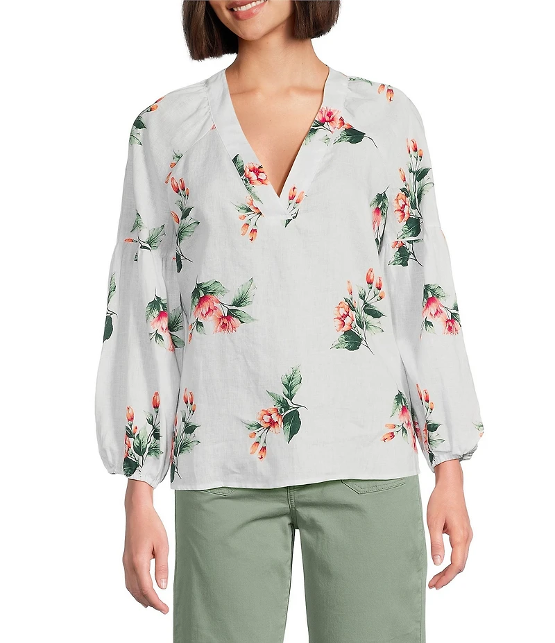 Tommy Bahama Florentina Linen Plainweave V-Neck Long Sleeves Relaxed Fit Top