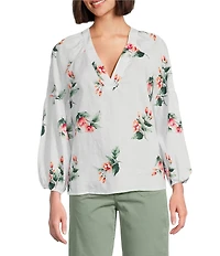 Tommy Bahama Florentina Linen Plainweave V-Neck Long Sleeves Relaxed Fit Top