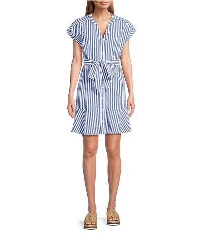 Tommy Bahama Frond Harbor Seersucker V-Neck Short Sleeve Flounce Shirtdress