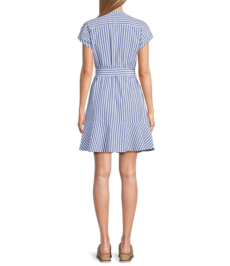 Tommy Bahama Frond Harbor Seersucker V-Neck Short Sleeve Flounce Shirtdress