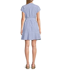 Tommy Bahama Frond Harbor Seersucker V-Neck Short Sleeve Flounce Shirtdress
