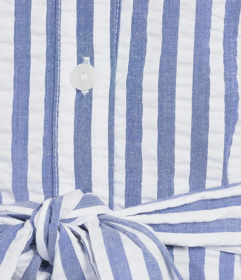 Tommy Bahama Frond Harbor Seersucker V-Neck Short Sleeve Flounce Shirtdress