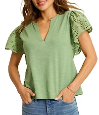 Tommy Bahama Gem Coast Flounced Schiffli V-Neck Tee