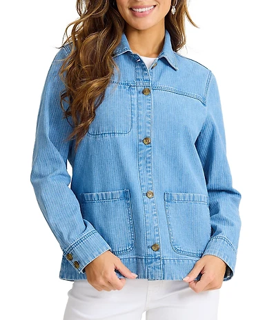 Tommy Bahama Indigo Herringbone Denim Point Collar Long Sleeve Button Front Chore Jacket