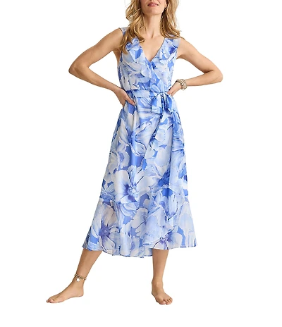 Tommy Bahama Island Bloom Ruffle Surplice V-Neck Sleeveless High Low Ruffle Wrap Midi Dress
