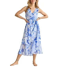Tommy Bahama Island Bloom Ruffle Surplice V-Neck Sleeveless High Low Ruffle Wrap Midi Dress