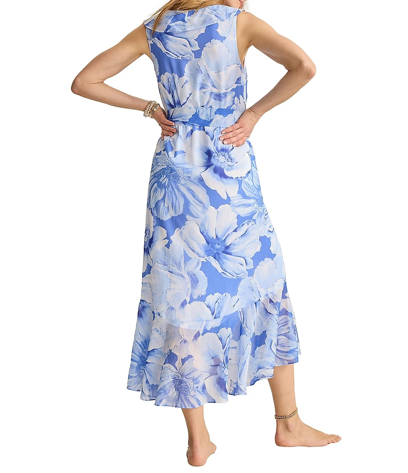 Tommy Bahama Island Bloom Ruffle Surplice V-Neck Sleeveless High Low Ruffle Wrap Midi Dress