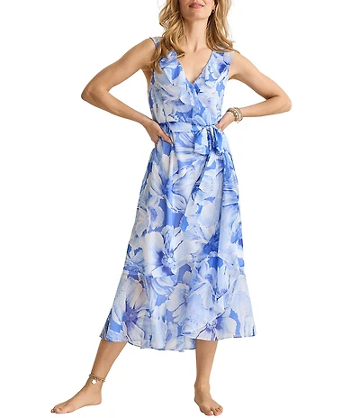 Tommy Bahama Island Bloom Ruffle Surplice V-Neck Sleeveless High Low Ruffle Wrap Midi Dress
