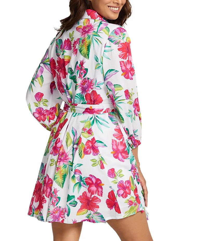 Tommy Bahama Island Cays Fiesta Floral Print Belted Button Front Point Collar Shirt Dress Swim Cover-Up