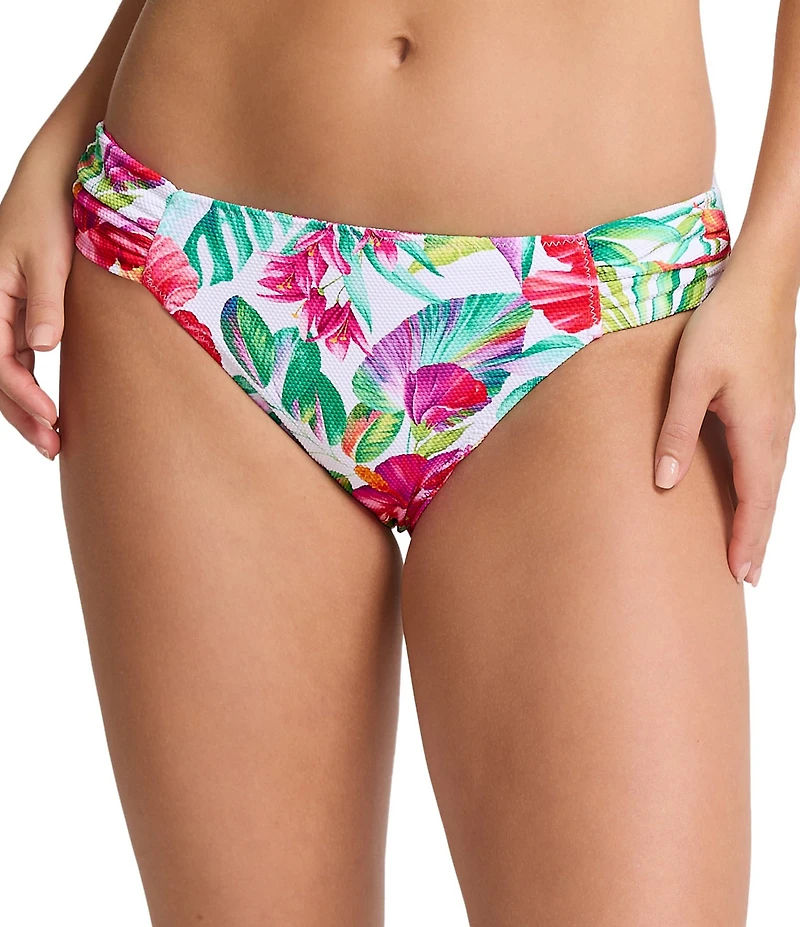 Tommy Bahama Island Cays Fiesta Floral Print Textured Side Shirred Reversible Hipster Swim Bottom