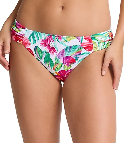 Tommy Bahama Island Cays Fiesta Floral Print Textured Side Shirred Reversible Hipster Swim Bottom