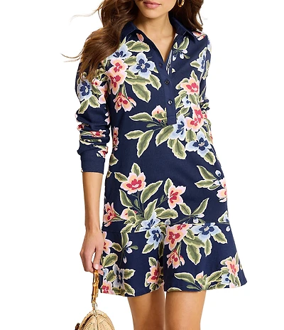Tommy Bahama Island Scape Poplin Woven Floral Print Point Collar Long Sleeve Drop Waist Dress