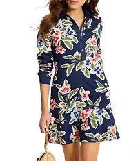 Tommy Bahama Island Scape Poplin Woven Floral Print Point Collar Long Sleeve Drop Waist Dress