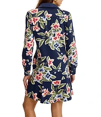 Tommy Bahama Island Scape Poplin Woven Floral Print Point Collar Long Sleeve Drop Waist Dress
