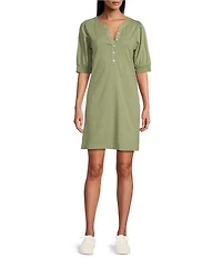 Tommy Bahama Islandscape Henley Pearl Buttons Short Puff Sleeve Shift Dress