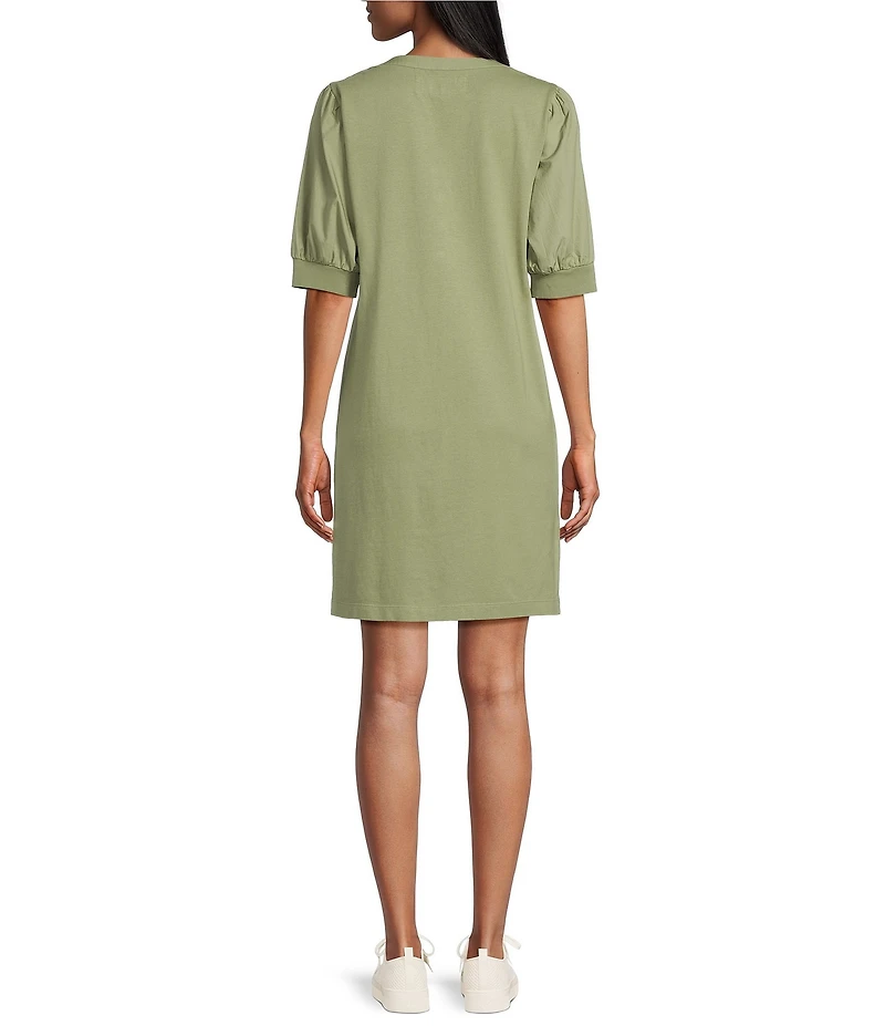 Tommy Bahama Islandscape Henley Pearl Buttons Short Puff Sleeve Shift Dress
