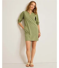 Tommy Bahama Islandscape Henley Pearl Buttons Short Puff Sleeve Shift Dress