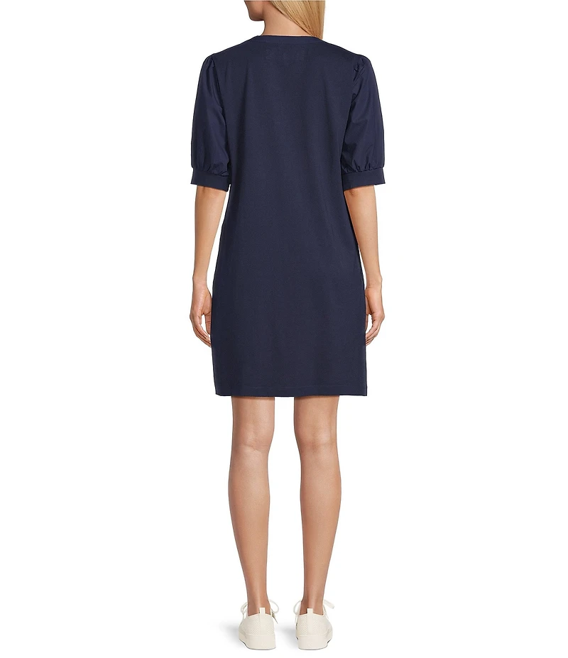Tommy Bahama Islandscape Henley Pearl Buttons Short Puff Sleeve Shift Dress