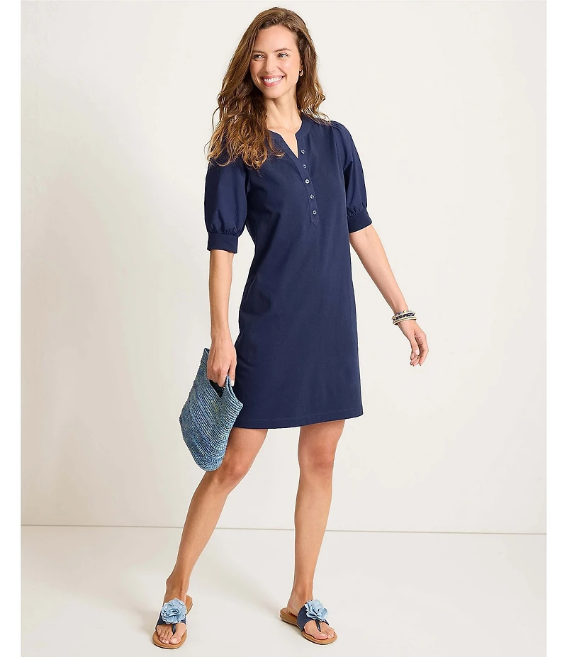 Tommy Bahama Islandscape Henley Pearl Buttons Short Puff Sleeve Shift Dress