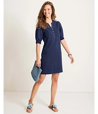 Tommy Bahama Islandscape Henley Pearl Buttons Short Puff Sleeve Shift Dress