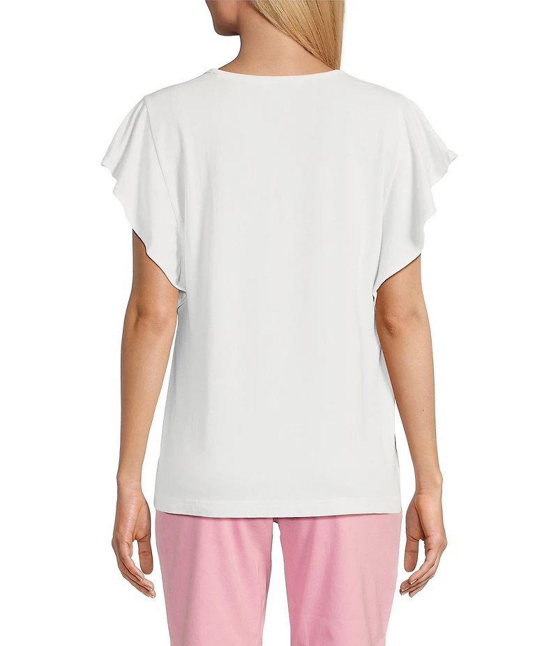Tommy Bahama Kauai Solid V-Neck Short Flutter Sleeve Smocked Stretch Jersey Top