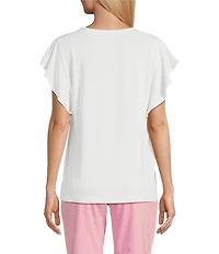 Tommy Bahama Kauai Solid V-Neck Short Flutter Sleeve Smocked Stretch Jersey Top