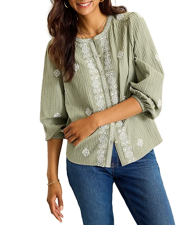 Tommy Bahama Knit Gauze Floral Embroidery Split V-Neck Long Sleeve Blouse