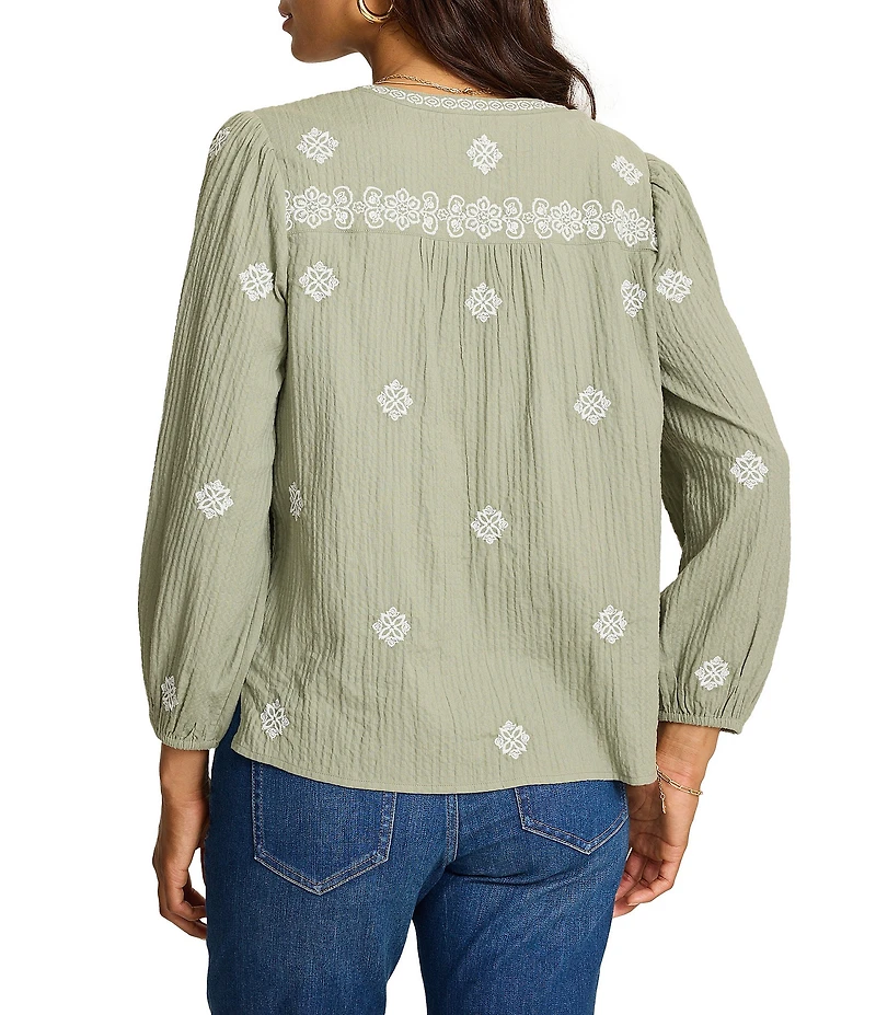 Tommy Bahama Knit Gauze Floral Embroidery Split V-Neck Long Sleeve Blouse