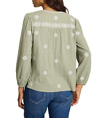 Tommy Bahama Knit Gauze Floral Embroidery Split V-Neck Long Sleeve Blouse