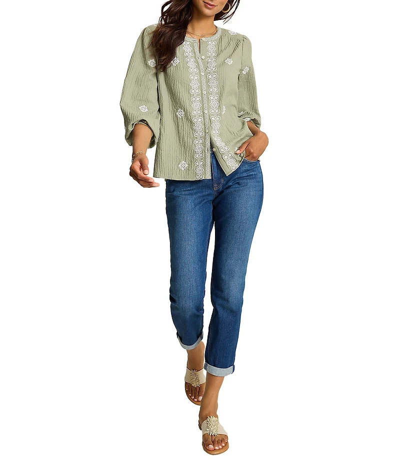 Tommy Bahama Knit Gauze Floral Embroidery Split V-Neck Long Sleeve Blouse